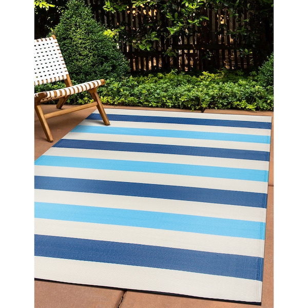 World Rug Gallery Contemporary Stripe Reversible Recycled Plastic 3' X 5' Blue Outdoor Rug 6070BLUE3X5 - main